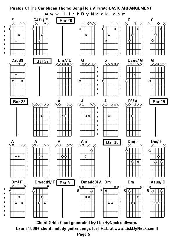 Chord Grids Chart of chord melody fingerstyle guitar song-Pirates Of The Caribbean Theme Song-He's A Pirate-BASIC ARRANGEMENT,generated by LickByNeck software.